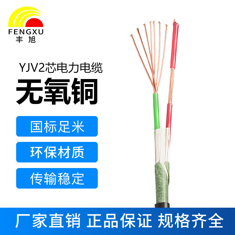 豐旭國標2芯純銅芯阻燃電力電纜ZR-YJV2芯動力電纜低壓交聯護套線